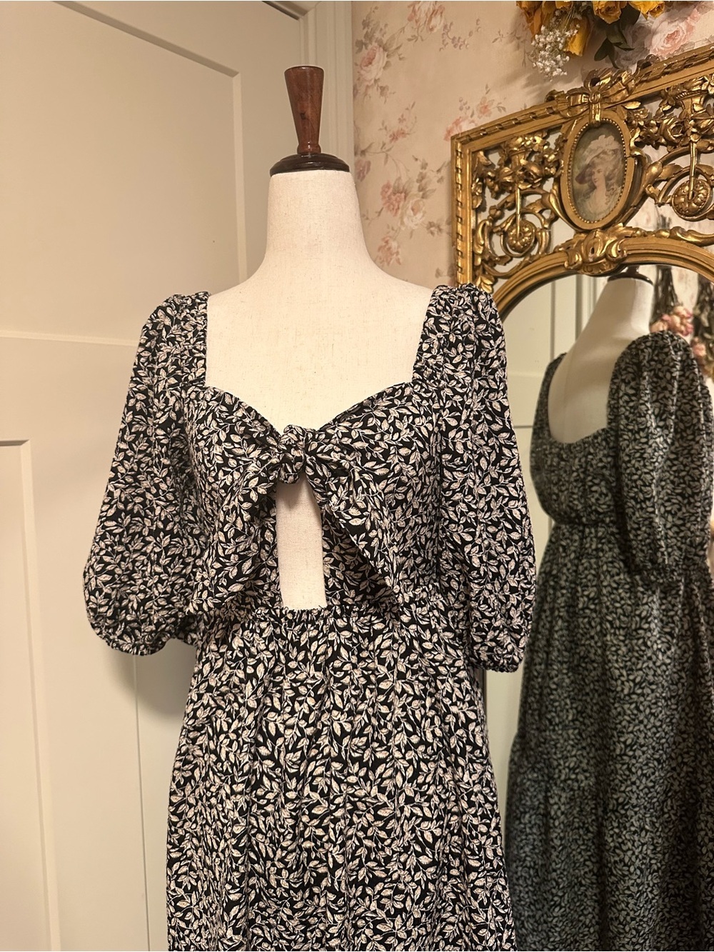 Midi Dress AQUA Black Floral Leaf Flowy XS Bloomingdale’s - Picture 9 of 14